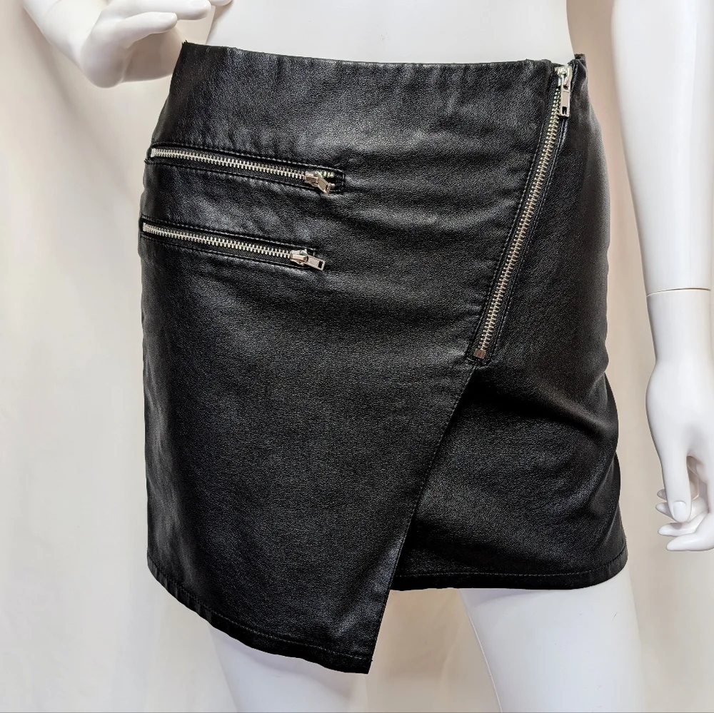 Black Faux Leather Asymmetrical Hem Mini Skirt With Zipper Details